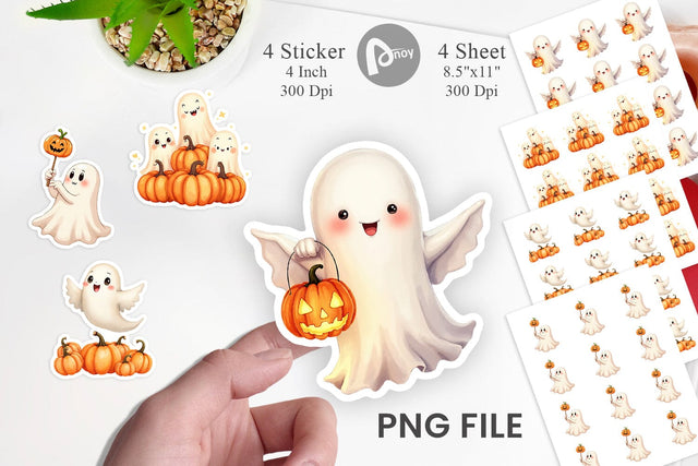 Sticker Watercolor Ghost Pumpkin Friends Sublimation artnoy 