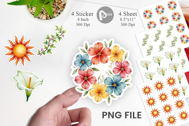 Sticker Watercolor Groovy Garden 70s Retro Watercolor Florals Sublimation artnoy 