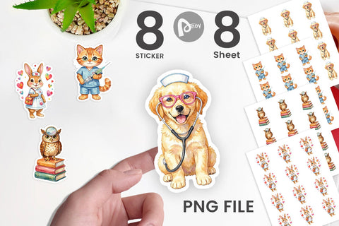 Sticker Watercolor Groovy Retro Animal Nurse Sublimation artnoy 