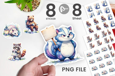 Sticker Watercolor Grumpy Camping Animals Sublimation artnoy 