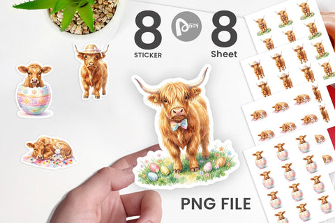 Sticker Watercolor Highland Cow Easter Sublimation artnoy 
