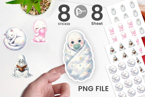 Sticker Watercolor Kawaii Pastel Sleepy Ghost Sublimation artnoy 
