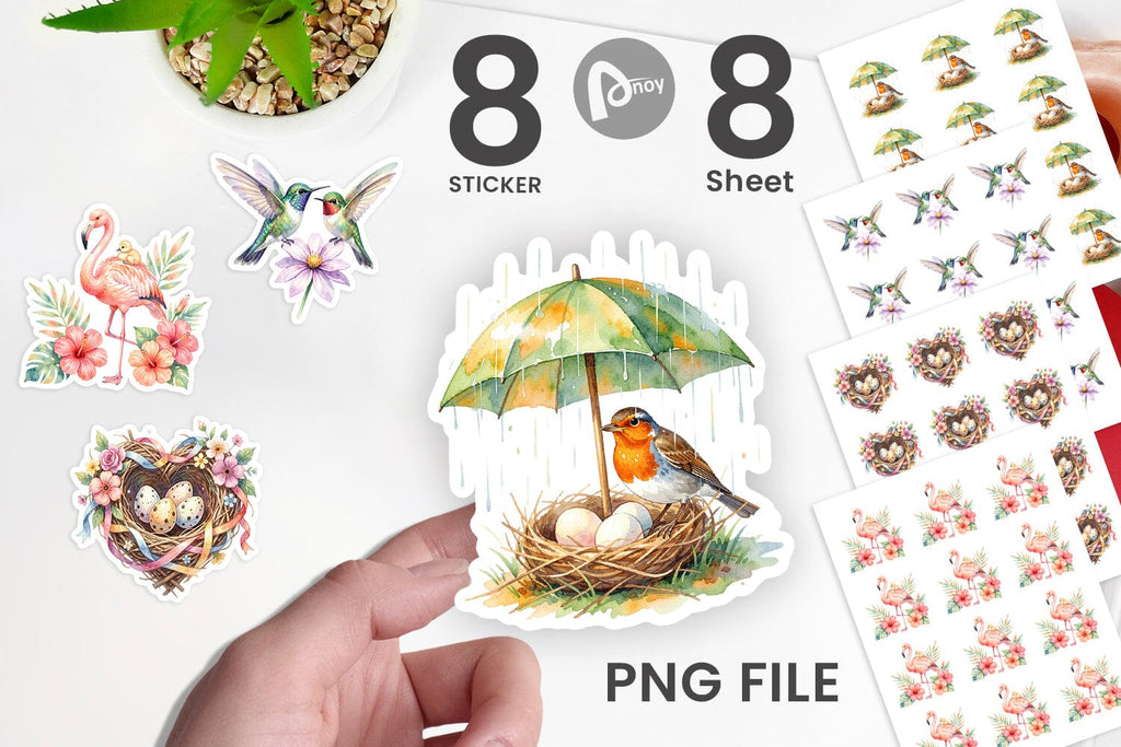 Sticker Watercolor Mama Bird And Floral Nest Art - So Fontsy