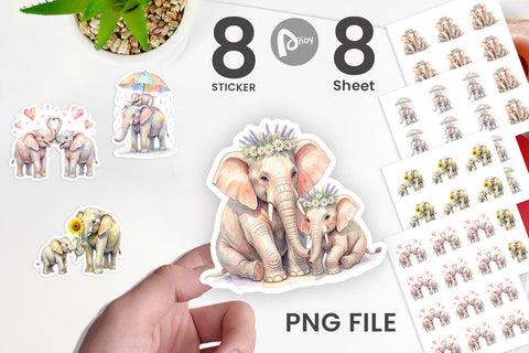 Sticker Watercolor Mom And Baby Elephant Love Art Sublimation artnoy 