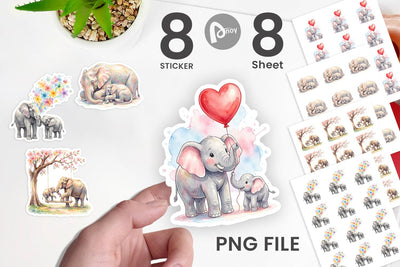 Sticker Watercolor Mom And Baby Elephant Love Art Sublimation artnoy 