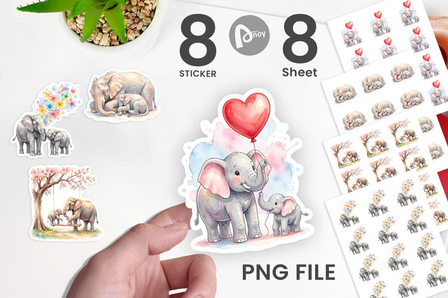 Sticker Watercolor Mom And Baby Elephant Love Art Sublimation artnoy 