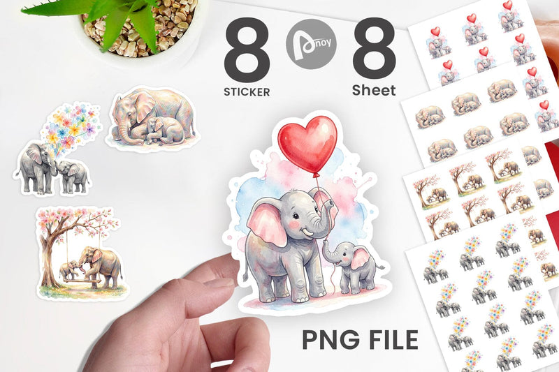 Sticker Watercolor Mom And Baby Elephant Love Art Sublimation artnoy 
