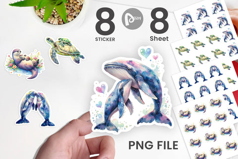Sticker Watercolor Mom and Baby Ocean Animals Sublimation artnoy 