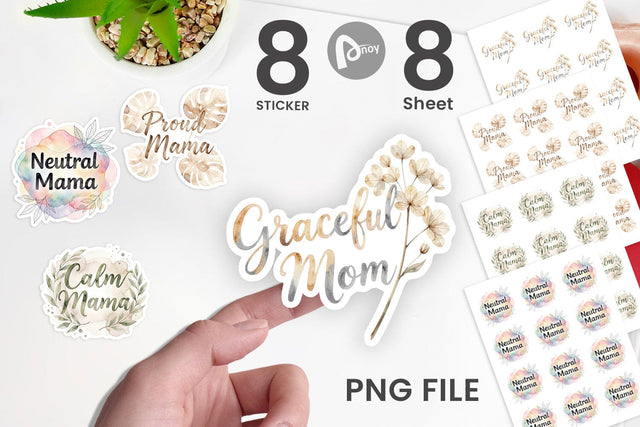 Sticker Watercolor Neutral Boho Botanical Mama Quotes Sublimation artnoy 