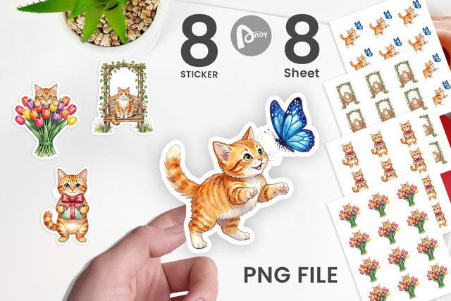 Sticker Watercolor Pastel Garden Cat Celebration Sublimation artnoy 