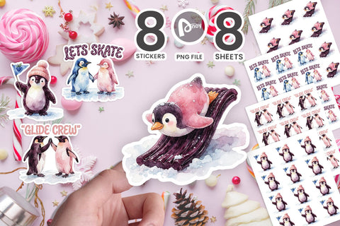 Sticker Watercolor Playful Gummy Penguin Ice Skating SVG artnoy 