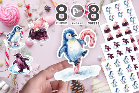 Sticker Watercolor Playful Gummy Penguin Ice Skating SVG artnoy 