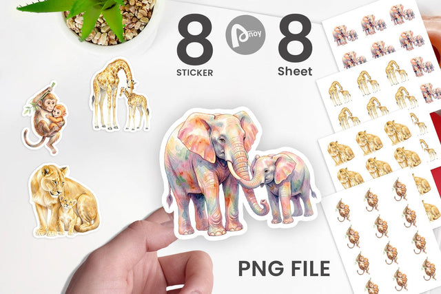 Sticker Watercolor Safari Mom And Baby Animal Sublimation artnoy 