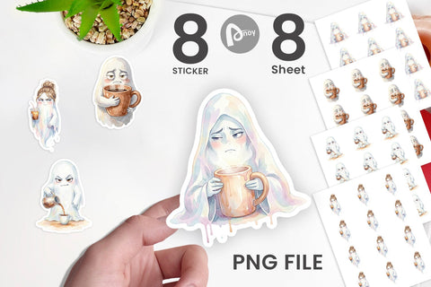 Sticker Watercolor Sarcastic Morning Coffee Ghost Sublimation artnoy 