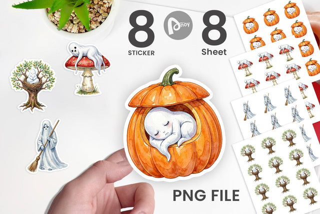 Sticker Watercolor Sleepy Autumn Pumpkin Ghost Sublimation artnoy 