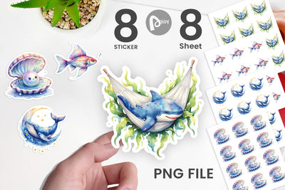 Sticker Watercolor Sleepy Baby Ocean Animals Sublimation artnoy 