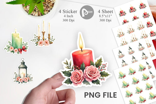 Sticker Watercolor Vintage Christmas Candles Sublimation artnoy 