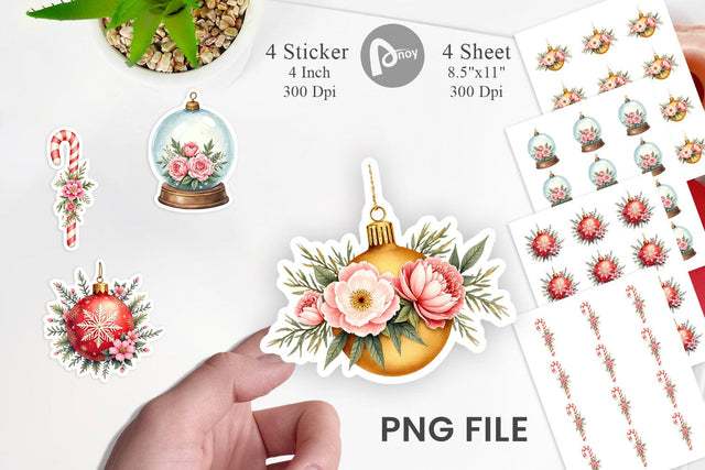 Sticker Watercolor Vintage Christmas Ornaments Sublimation artnoy 