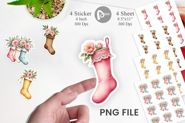 Sticker Watercolor Vintage Christmas Stockings Sublimation artnoy 