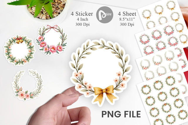 Sticker Watercolor Vintage Christmas Wreaths Sublimation artnoy 
