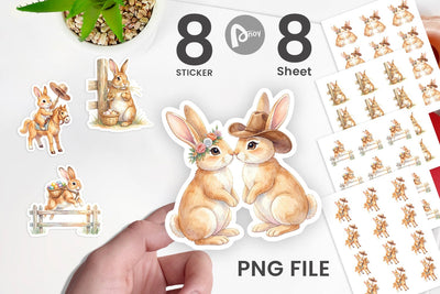 Sticker Watercolor Western Cowboy Bunny Easter Sublimation artnoy 