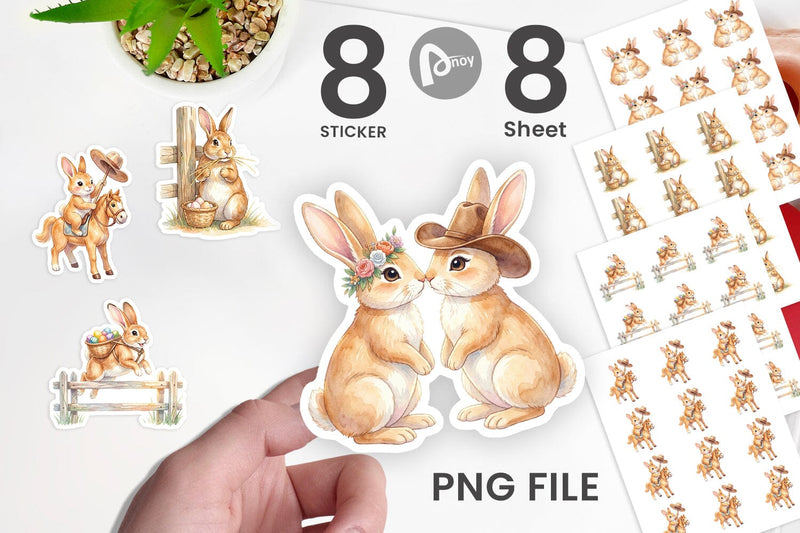 Sticker Watercolor Western Cowboy Bunny Easter Sublimation artnoy 