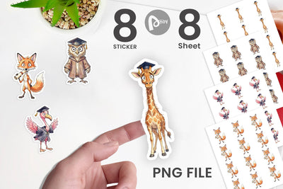 Sticker Watercolor Whimsical Animal Graduates Sublimation artnoy 