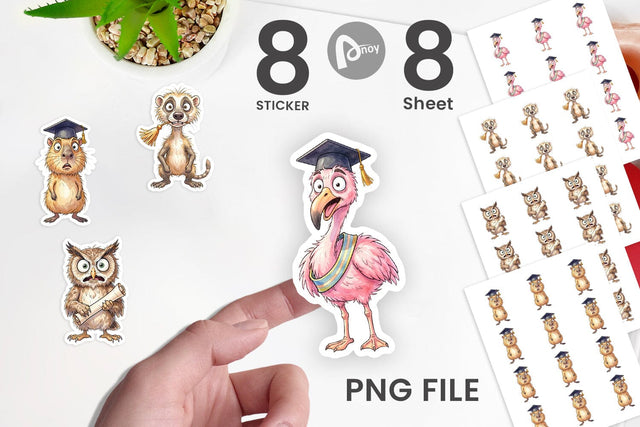 Sticker Watercolor Wild Animal Graduation Party Sublimation artnoy 