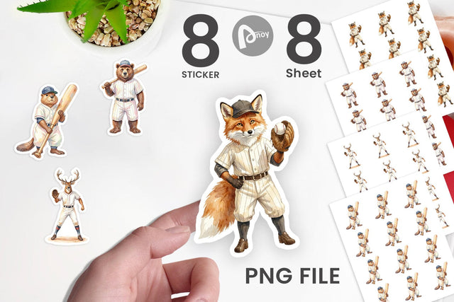 Sticker Watercolor Woodland Animal Baseball Sublimation artnoy 