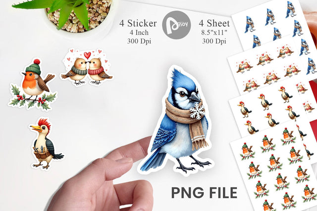 Sticker Whimsical Winter Birds Watercolor Sublimation artnoy 