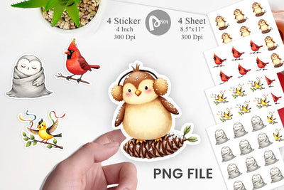 Sticker Whimsical Winter Birds Watercolor Sublimation artnoy 
