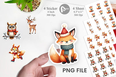 Sticker Whimsical Winter Forest Friends Watercolor Sublimation artnoy 