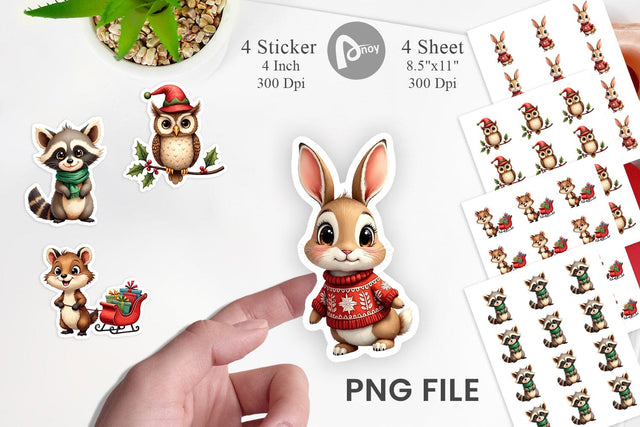 Sticker Whimsical Woodland Christmas Vintage Watercolor Animals Sublimation artnoy 