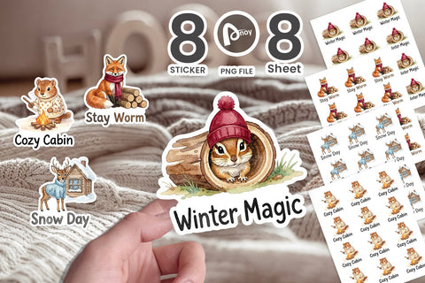 Sticker Winter Cabin Woodland Friends Watercolor Sublimation artnoy 