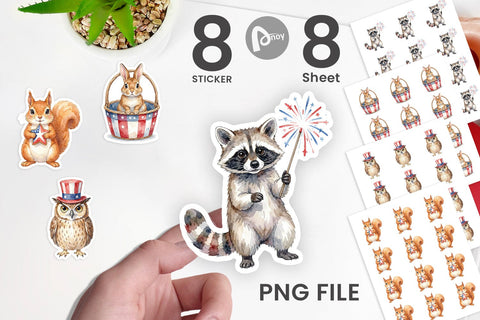 Sticker Woodland Patriotic Animals Watercolor Sublimation artnoy 