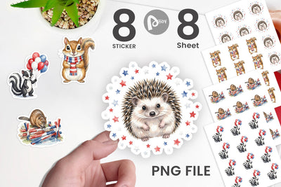 Sticker Woodland Patriotic Animals Watercolor Sublimation artnoy 