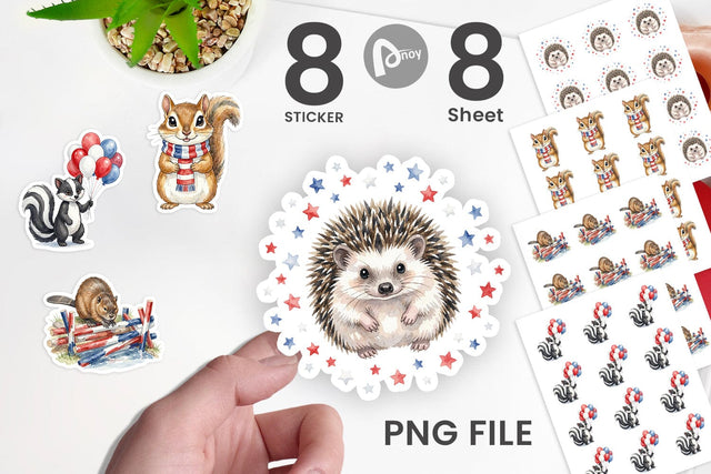 Sticker Woodland Patriotic Animals Watercolor Sublimation artnoy 