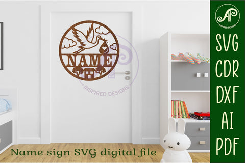 Stork new baby themed name sign svg laser SVG APInspireddesigns 