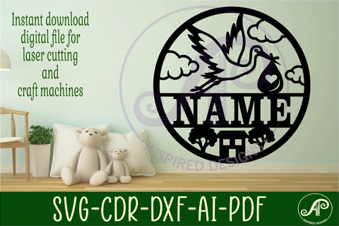 Stork new baby themed name sign svg laser SVG APInspireddesigns 