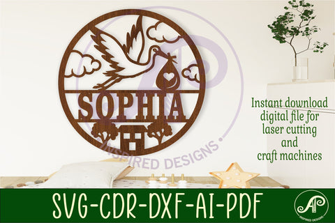 Stork new baby themed name sign svg laser SVG APInspireddesigns 