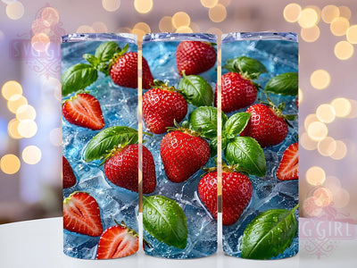 Strawberry Basil Ice 20oz Tumbler, Fresh Fruit, Herb Infusion, Icy Texture, Summer Theme, Red And Green, Refreshing Design, Sublimation Wrap Sublimation SvggirlplusArt 