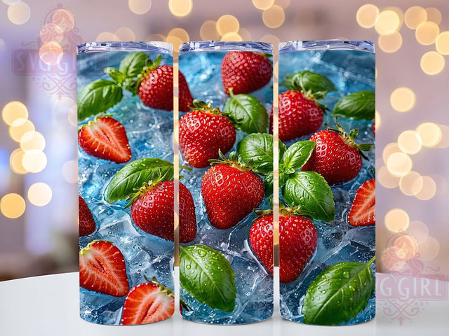 Strawberry Basil Ice 20oz Tumbler, Fresh Fruit, Herb Infusion, Icy Texture, Summer Theme, Red And Green, Refreshing Design, Sublimation Wrap Sublimation SvggirlplusArt 