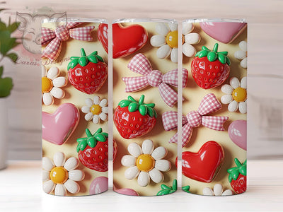 Strawberry Bow Puffy Style 20oz Tumbler, 3D Puffy Style, Juicy Red Strawberries, Pink Hearts, Gingham Bows, White Daisies, Sublimation PNG Sublimation Lara' s Designs 