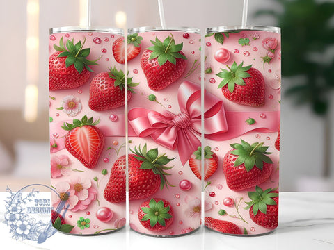 Strawberry Bow Tumbler, 20oz Tumbler Wrap, Sublimation Design, Pink Bow PNG, Digital Download, Trendy Tumbler Art, Cute Strawberry Decor Sublimation ToriDesigns 