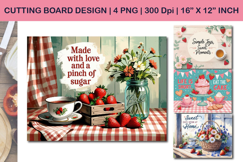 Strawberry cutting board design, vintage tea cup art Sublimation Paper Switch 
