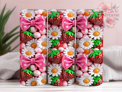 Strawberry Daisy Bow 20oz Tumbler, Strawberry Daisy, Floral Bow, Fruit Motif, Whimsical Charm, Pattern Art, Skinny Tumbler, Sublimation PNG Sublimation Li Zamperini 