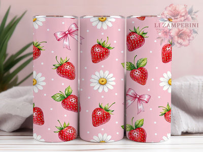 Strawberry Daisy Bow 20oz Tumbler, Strawberry Design, Daisy Flower, Bow Accent, Whimsical Charm, Playful Style, 20oz Wrap, Sublimation Tumbler Sublimation Li Zamperini 