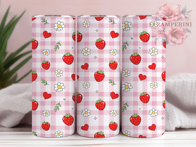 Strawberry Daisy Gingham 20oz Tumbler, Strawberry Motif, Daisy Design, Gingham Pattern, Glow Effect, Whimsical Charm, Skinny Tumbler, Sublimation PNG Sublimation Li Zamperini 