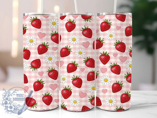 Strawberry Daisy Heart Glow 20oz Tumbler, Strawberry Motif, Daisy Flower, Heart Design, Glow Effect, Romantic Charm, Skinny Tumbler, Sublimation PNG Sublimation ToriDesigns 