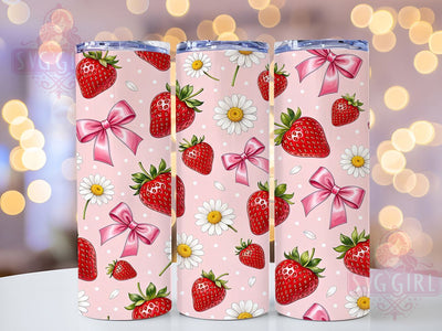 Strawberry Daisy Pink Bow 20oz Tumbler, Strawberry Design, Daisy Floral, Pink Bow, Sublimation Wrap, 20oz Tumbler, Whimsical Aesthetic, Sweet Charm Sublimation SvggirlplusArt 